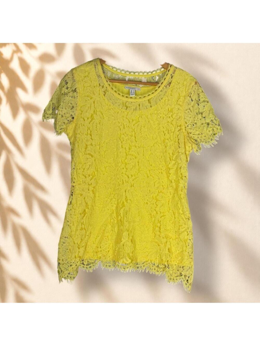 Isaac Mizrahi Blouse Women M Medium Yellow Floral Short Sleeve Crochet Casual